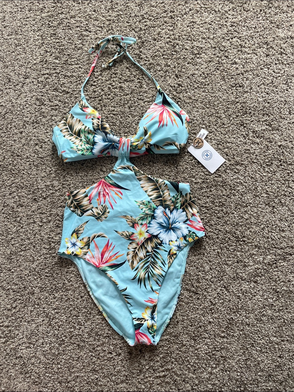 Hurley Light Blue Tropical Palm Floral One-Piece Cutout Halter Swimsuit